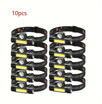 Portable LED Headlights with Strong Light 10pcs, Built-in Battery, Flashlight, Outdoor Mini Camping Headlamp, Dual Light Source Searchlight
